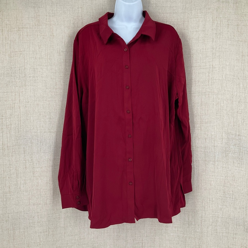 Susan Graver Ruby Red Button Up Blouse Stretch Sh… - image 1
